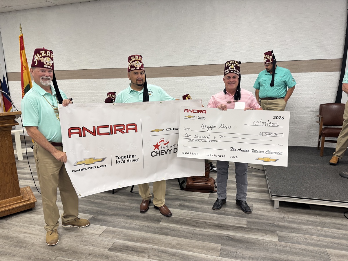Ancira Auto Group presenting a $5,000 sponsorship check for the Alzafar Shrine golf tournament